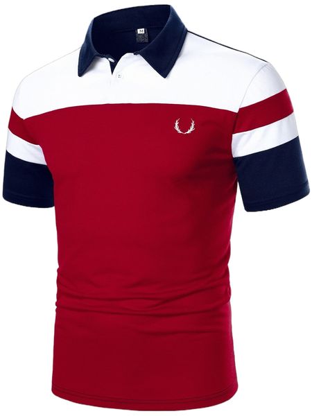 

men antler embroidered colorblock polo shirt u293#, White;black