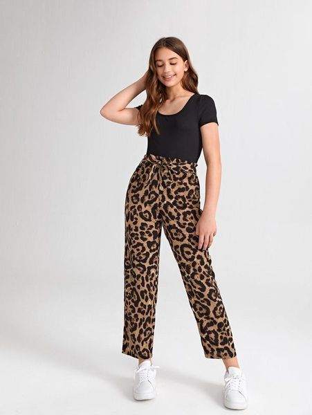 

teen girls solid & belted leopard pants set she, White