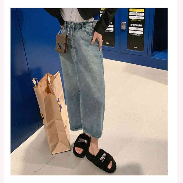 

skirts korean women's high waist denim skirt medium length versatile split straight tube one-step wrap hip am04, Black
