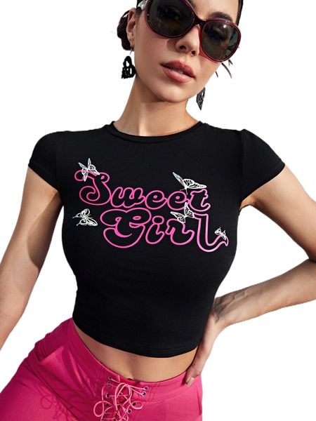 

butterfly & slogan graphic crop tee f4vc#, White