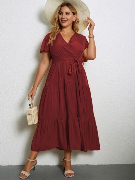 

plus solid belted v neck ruffle hem dress o0qb#, Black