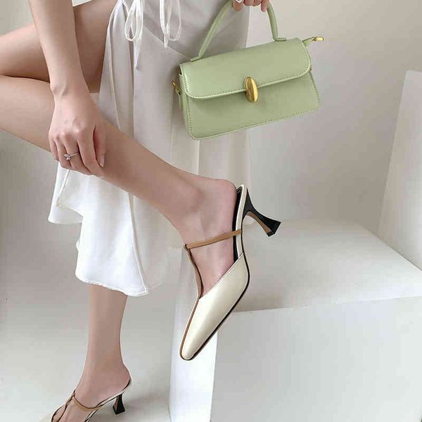 

sandals royal sister fan spring style baotou thin heel back empty muller drag female small square head high cover foot korean slippers owpu, Black