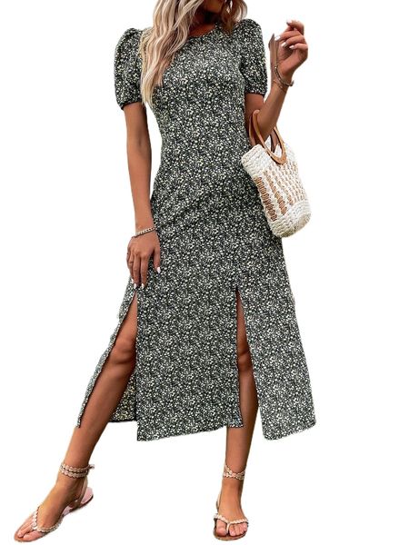 

ditsy floral puff sleeve slit thigh dress r2xe#, Black;gray