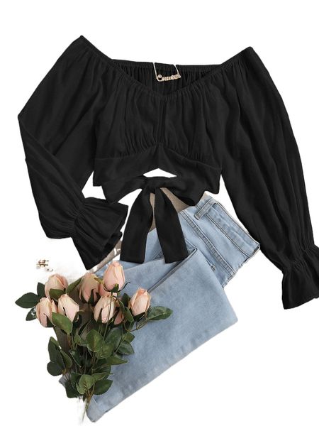 

plus bardot flounce sleeve tie back blouse z4i7#, Black