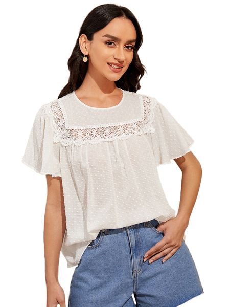 

swiss dot guipure lace insert butterfly sleeve blouse r2fz#, White