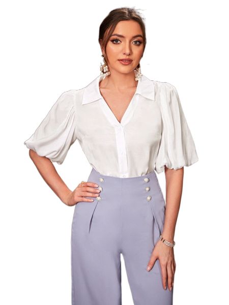 

solid button front bishop sleeve blouse g9j8#, White