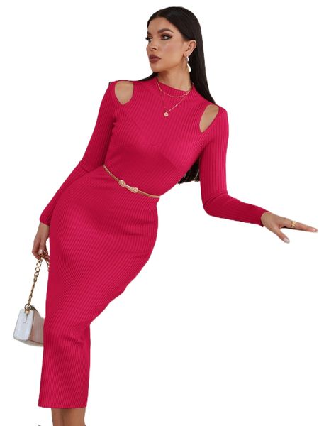 

cut out ribbed knit sweater dress without belt p8v8#, White;black