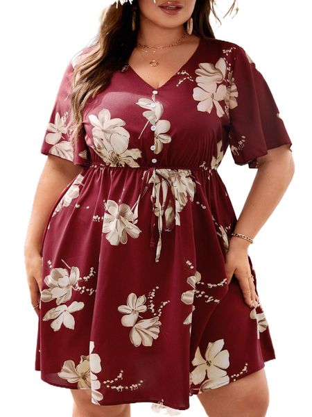 

plus floral print butterfly sleeve knot detail dress p0rn#, Black