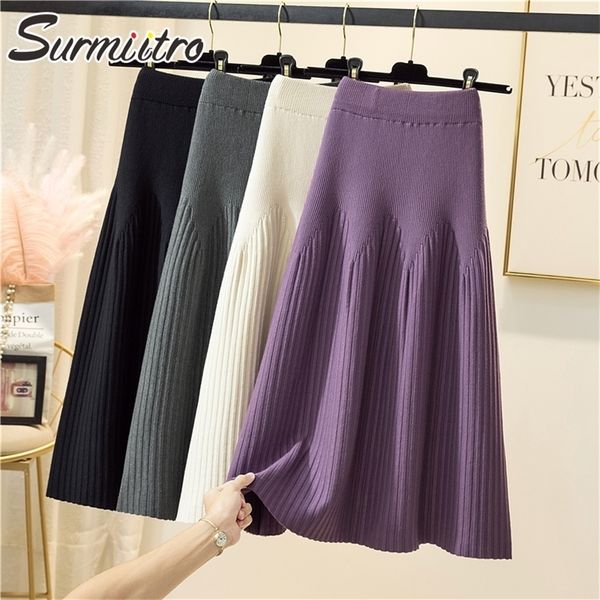 

surmiitro fashion autumn winter warm knitted midi long pleated skirt women korean style mid-length high waist female 220317, Black