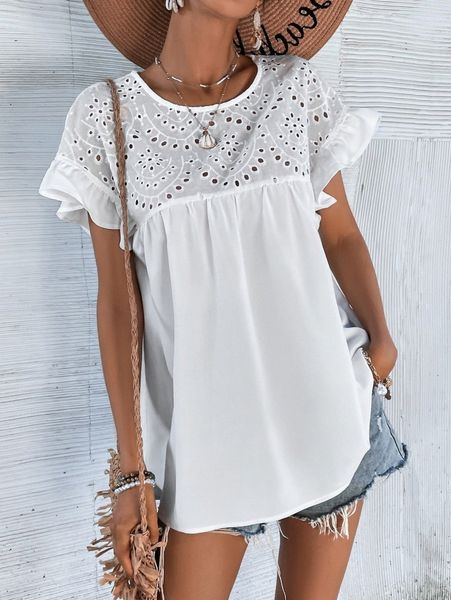 

flounce cuff eyelet embroidered blouse h4a6#, White
