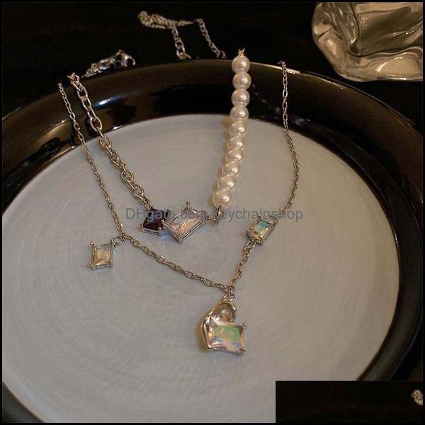 

chokers necklaces pendants jewelry diamond-studded square pearl necklace design sense stacking clavicle chain personality fashion womencho, Golden;silver