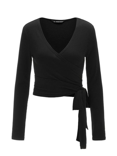 

plunging long sleeve cropped wrap s5qs#, White