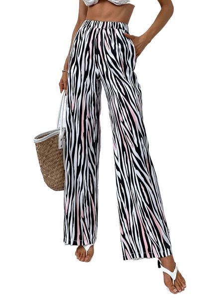 

zebra striped wide leg pants w6c1#, Black;white