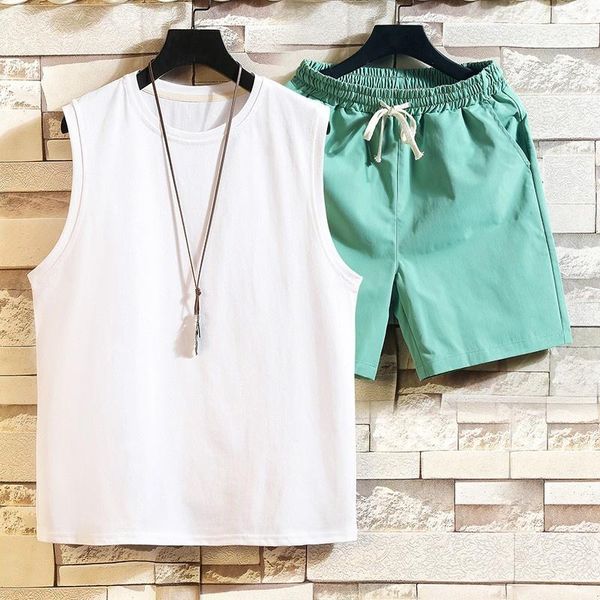 

men's tracksuits men's tracksuits mens fashion o-neck sleeveless pullover loose vintage t-shirts sets korean style adjustable wais, Gray