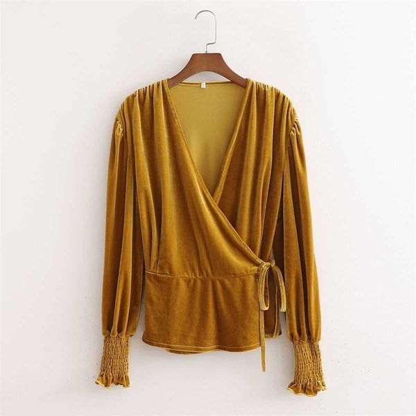 

women velvet blouse long sleeves crossover v-neckline elegant fashion chic woman blouse shirt femme mujer blusas 210709, White