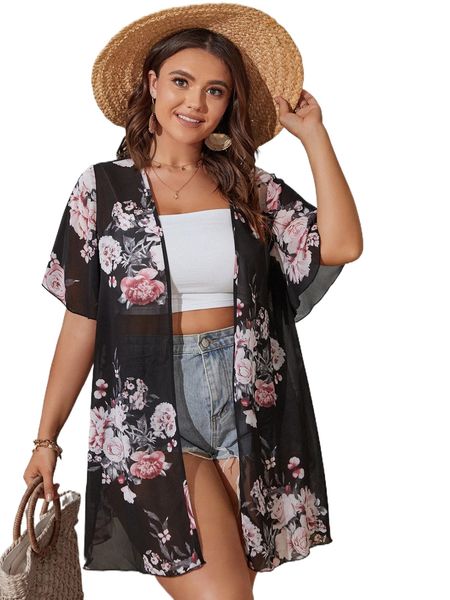 

plus floral print kimono k0i5#, Black;gray