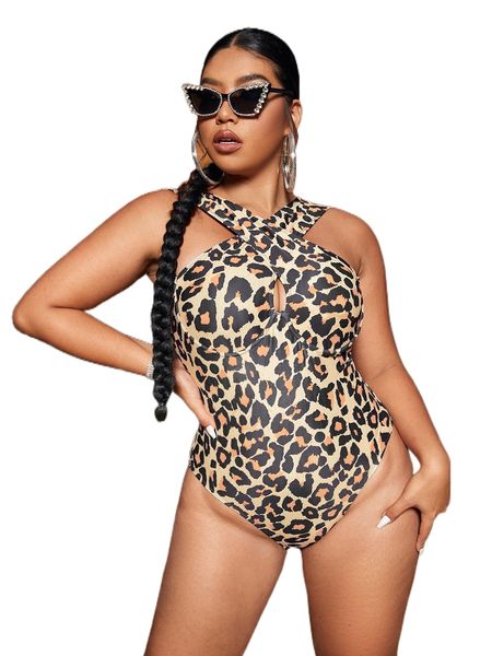

plus leopard print crisscross push up one piece swimsuit m4wn#, White;black