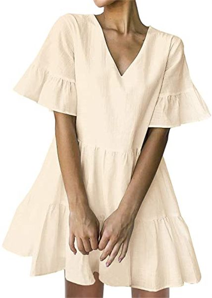 

& tees women's cute shift dress with pocket, flared sleeves, pleated hem, v-neck, loose, flowing waist mini dress, White