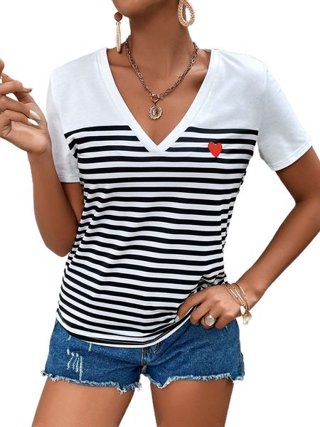 

striped print heart embroidery tee 64ya#, White