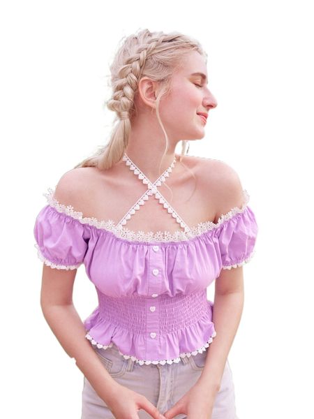 

kawaii floral trim shirred blouse i0fk#, White