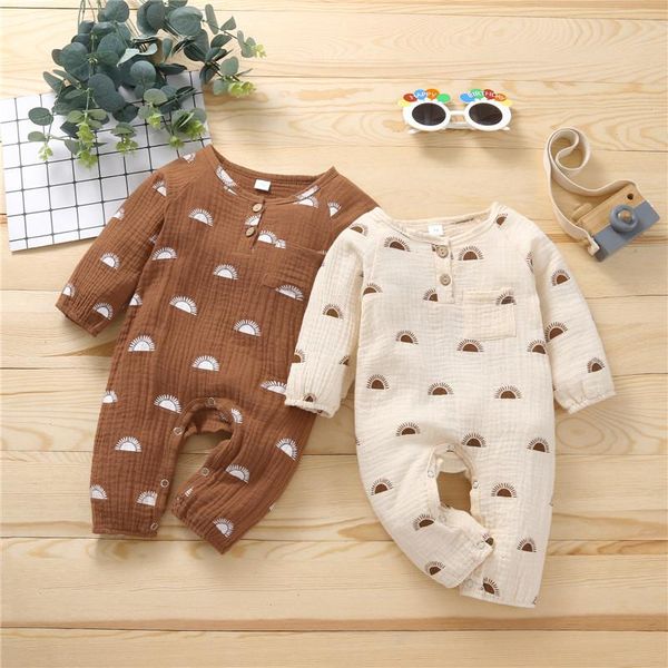 

baby boys girls autumn rompers toddler newborn infant sun print cotton linen long sleeve button jumpsuits overalls clothes, Blue