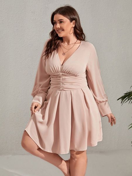 

plus ruched plicated detail bishop sleeve dress m2os#, Black