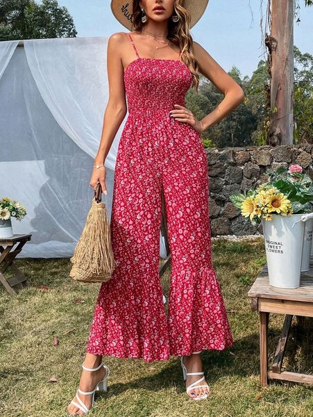 

ditsy floral shirred ruffle hem cami jumpsuit w7hf#, Black;white