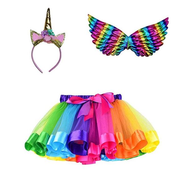 Regenbogen-Tutu-Rock, Flügelhorn-Stirnband, Kleidungsset für Mädchen, Prinzessin, Tüll, geschichteter Rock, Kostüm, Geburtstagsfeier, Kostüm, festliche Bühnenauftritts-Requisiten