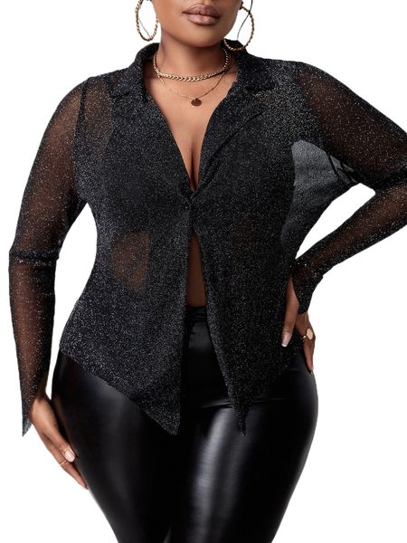 

sxy plus lapel neck button front sheer without bra u2wp#, Black