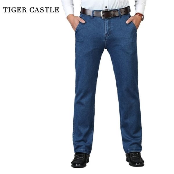 

spring autumn high waist jeans men stretch brand male baggy denim pants classic black blue mens quality business jeans trousers 210318