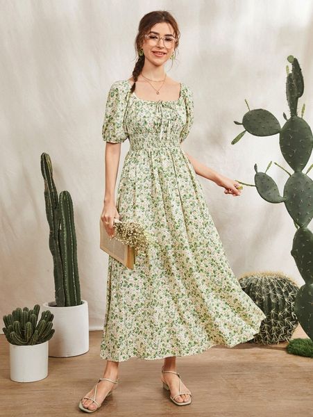 

ditsy floral shirred waist puff sleeve dress b0kz#, Black;gray