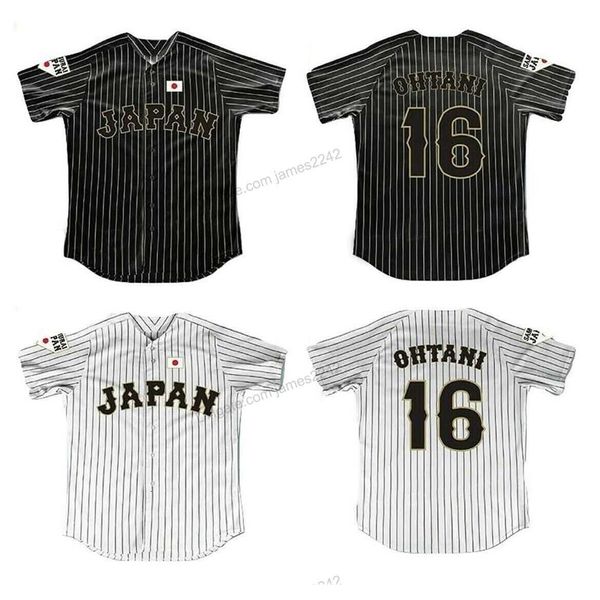 Maglia da baseball Nikivip Custom Japan Samurai 16 Shohei Ohtani Movie Doppia cucitura Qualsiasi nome e numero Striscia bianca nera Gessato Alta qualità