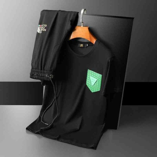 

men's clothing brand 2022 summer new korean men's fashion round neck short sleeved trousers sportswear suit, Gray