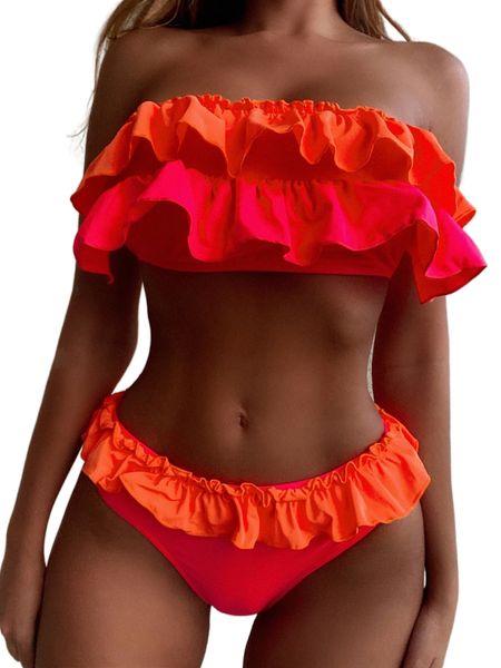 

color block tiered layer bandeau bikini swimsuit x7j5#, White;black