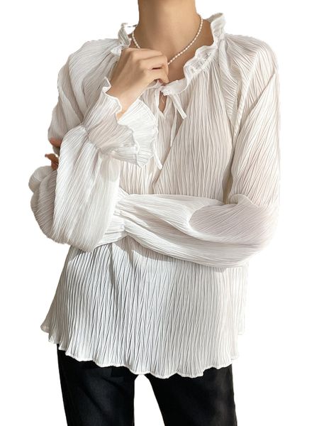 

dazy lettuce trim tie neck flounce sleeve textured blouse g78n#, White