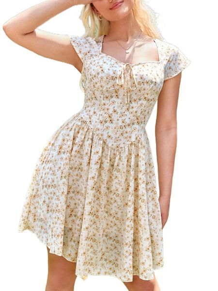 

ditsy floral sweetheart neck knot front dress n5h0#, Black;gray