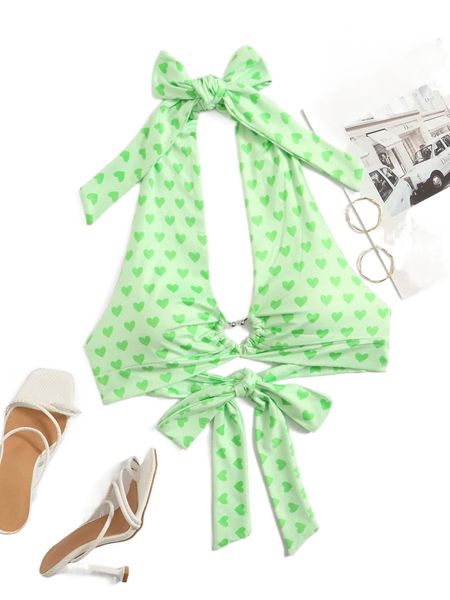 

heart allover print knot detail ring ruched halter k4zk#, White