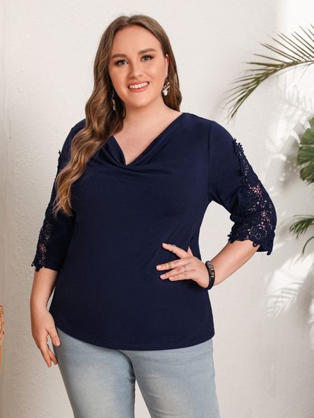 

emery rose plus draped neck guipure lace panel tee y52n#, Black