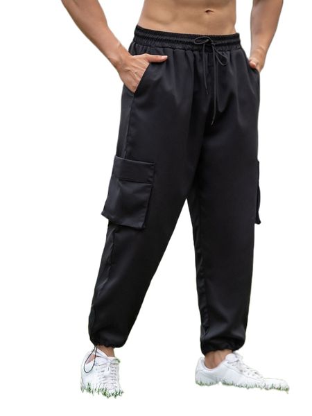 

extended sizes men flap pocket side drawstring waist cargo pants x23x#, Black