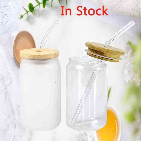 

12oz sublimation clear glass can blank diy wine tumbler frosted coke jar with bamboo lid outdoor picnic coffee milk cup