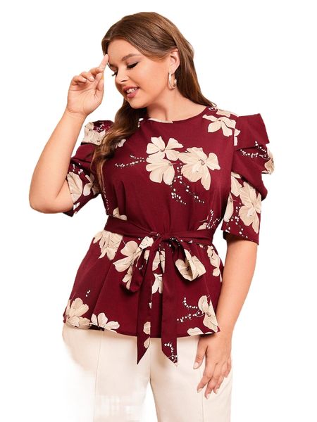 

plus puff sleeve self belted floral print s66d#, Black