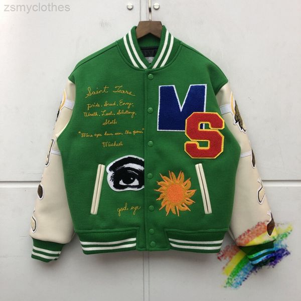 

heavy fabric denim tears varsity baseball jacket men women coat sleeve stitching embroidery jackets, Black;brown