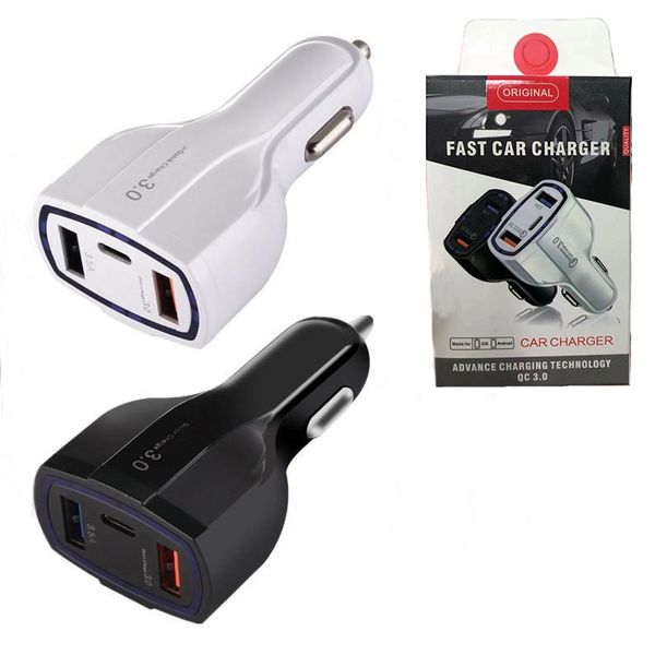 Mit Retail Box 3 in 1 USB-Autoladegerät Schnellladung Typ C QC3.0 PD QC 3.0 USBC-Ladegeräte für iPhone 13 12 11 X 8 7 Pro Max und Samsung S21 S20 S10 Note 10 9