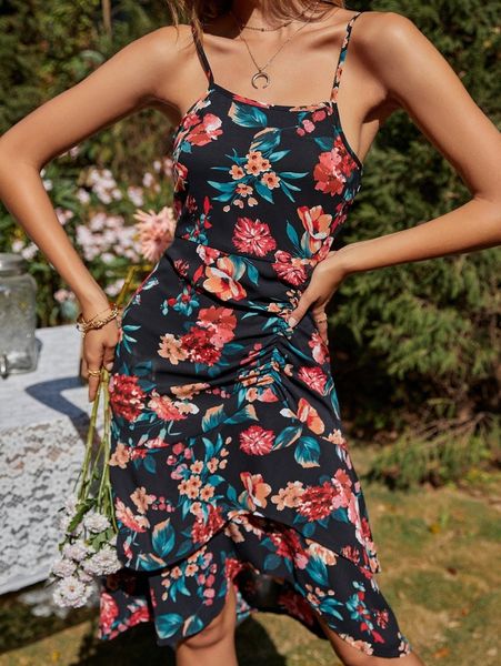 

floral print ruched layered hem cami dress i2pu#, Black;gray