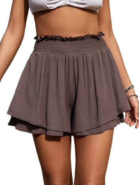 

paper bag waist shirred layered hem shorts f32o#, White;black