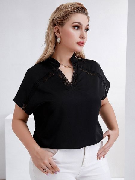 

plus guipure lace insert batwing sleeve notched neck blouse a7je#, Black