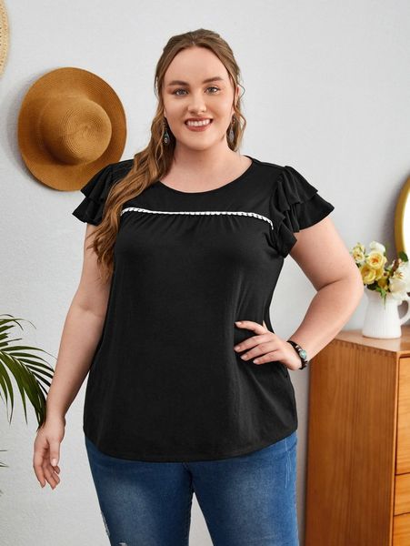 

emery rose plus butterfly sleeve guipure lace detail tee g7tg#, Black