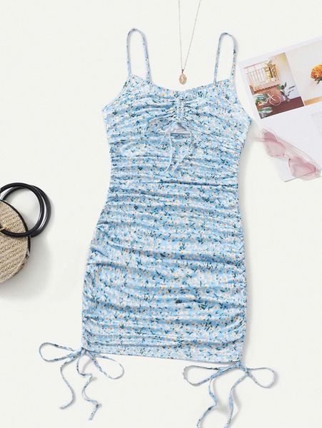 

ditsy floral ruched bodycon dress d8o2#, Black;gray