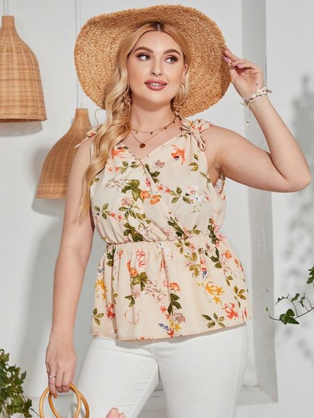 

plus floral print bow front peplum blouse l1hu#, Black