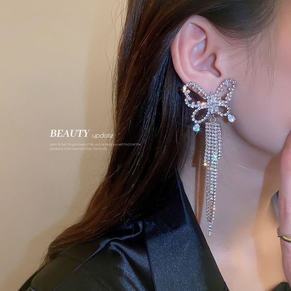

silver stud rhinestone-encrusted butterfly zircon long fringe earrings european and american personalized tide eardrops temperament entry lu, Golden